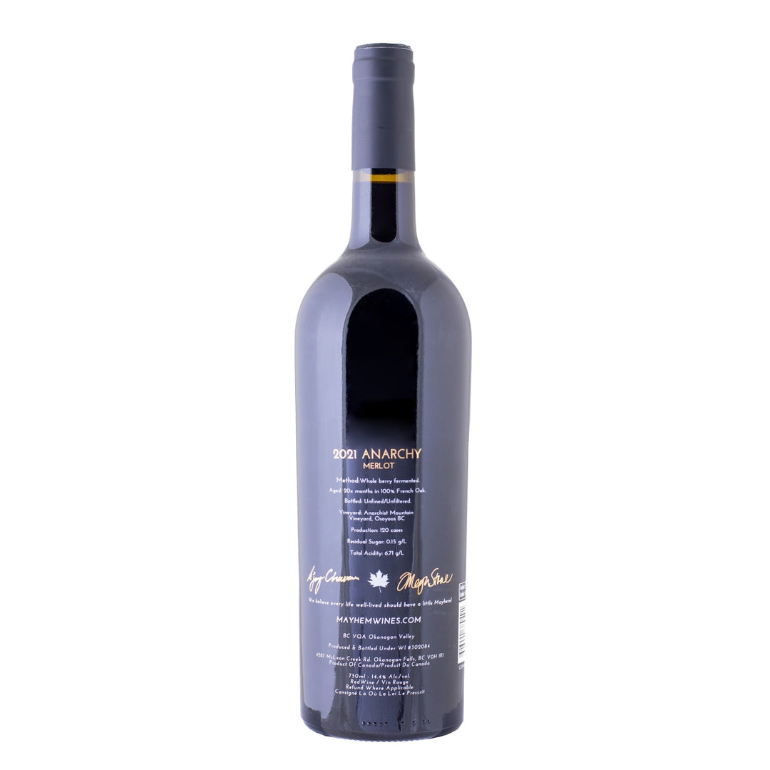 Back of 2021 Anarchy Merlot bottle
