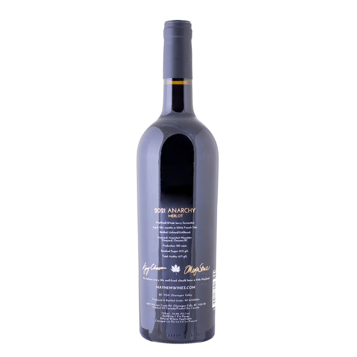 Back of 2021 Anarchy Merlot bottle