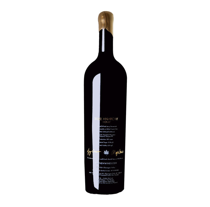 Back label of the 2022 Anarchy Merlot Magnum bottle