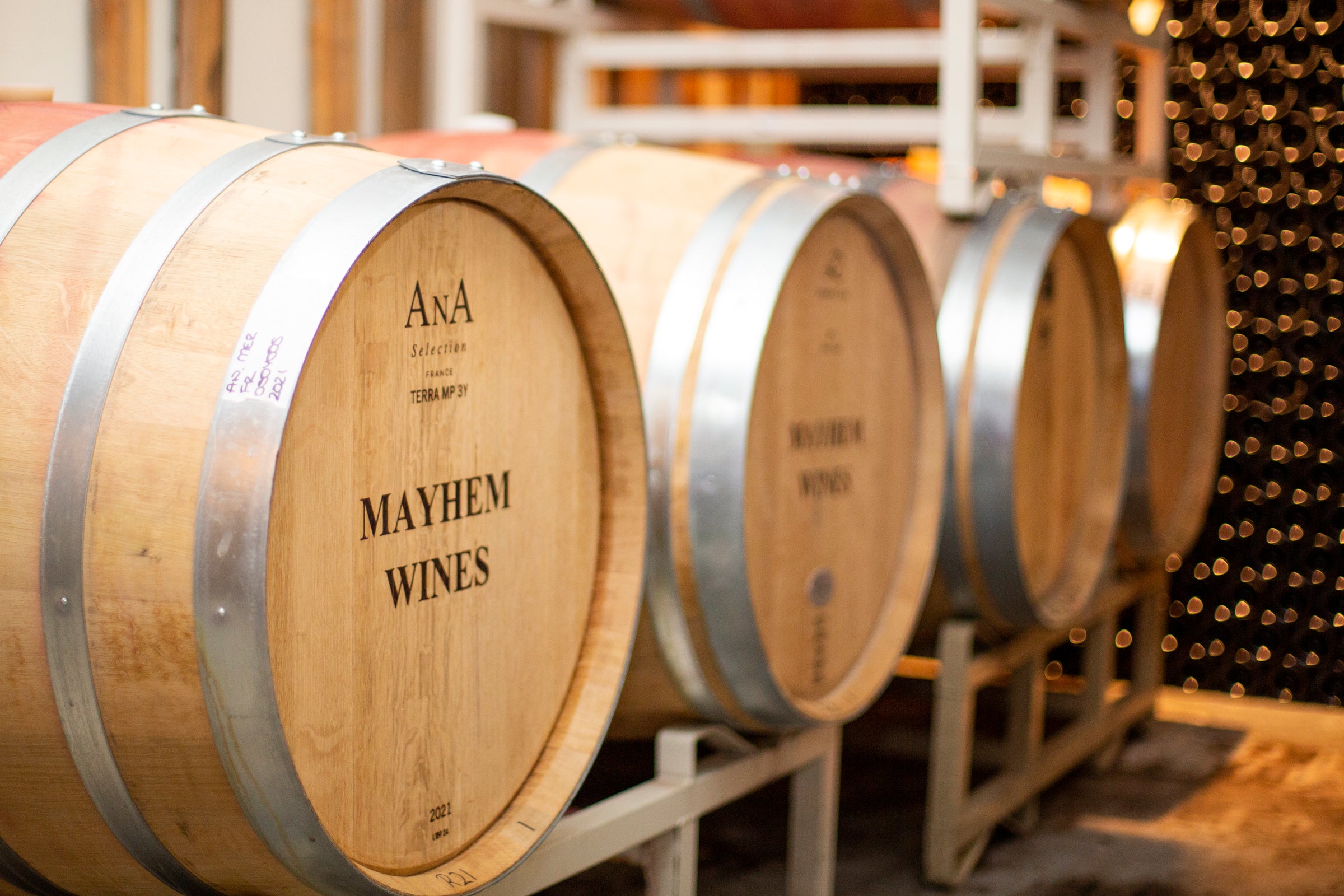 Mayhem wine barrels in the cellar